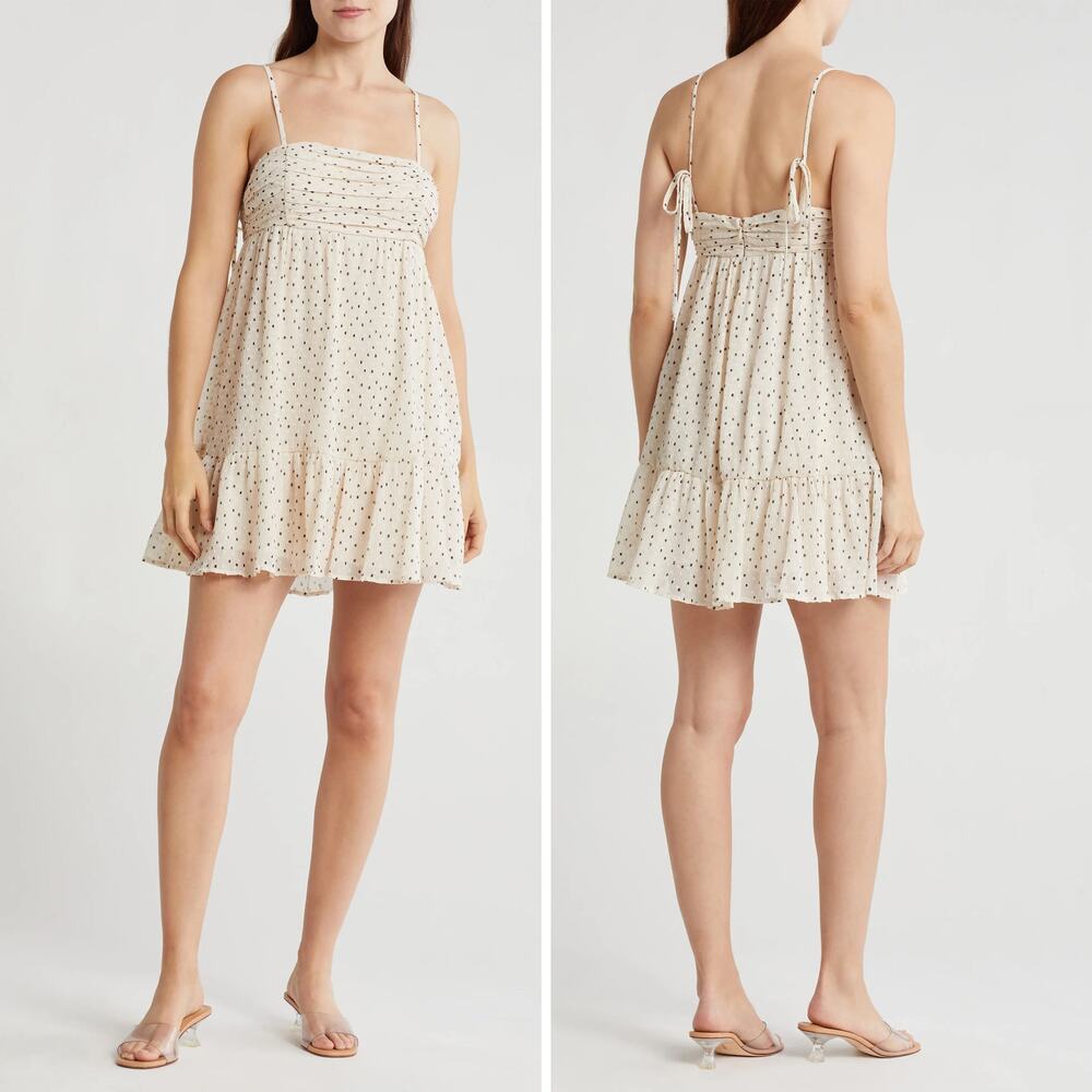 Lush Polka Dot Ruffle Hem Babydoll Mini Dress Cream Black Medium NEW Coquette